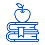 Educator icon with apple and stacked books symbolizing Evenflow’s foundation in learning, knowledge sharing, and empowering others through education 
