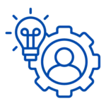 Innovator icon with lightbulb, gear, and user symbol representing Evenflow’s commitment to visionary thinking and user-driven tech development 