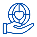 Philanthropist icon with hand holding a globe and heart symbolizing Evenflow’s commitment to giving back and creating positive global impact through technology 