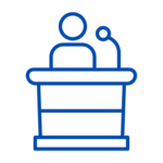 Speaker icon with figure at podium symbolizing Evenflow’s dedication to sharing ideas, inspiring change, and leading conversations in tech and innovation