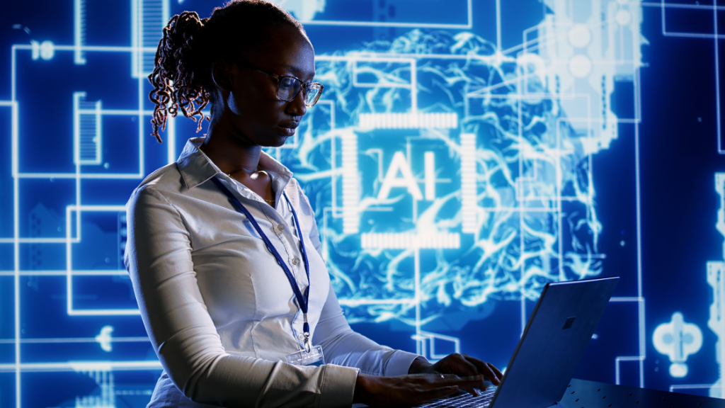 Evenflow professional analyzing supply chain data with AI technology graphics, highlighting AI risk management shaping future global supply chains