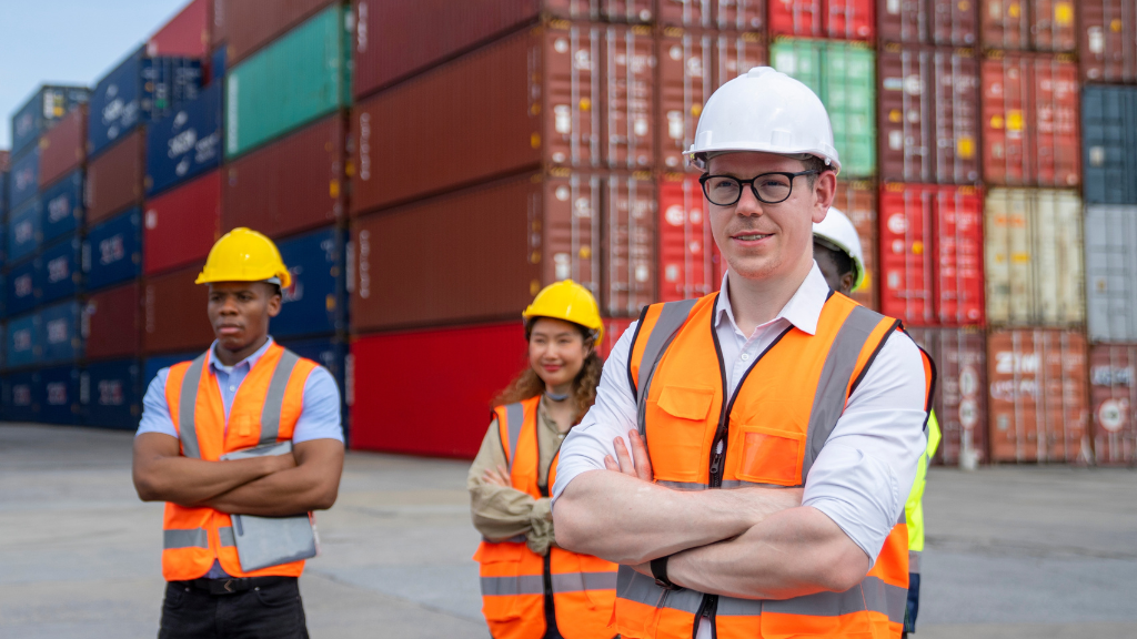 Logistics professionals in safety gear at shipping yard, representing Evenflow’s insights on the hidden impact of tariffs on global digital-physical logistics